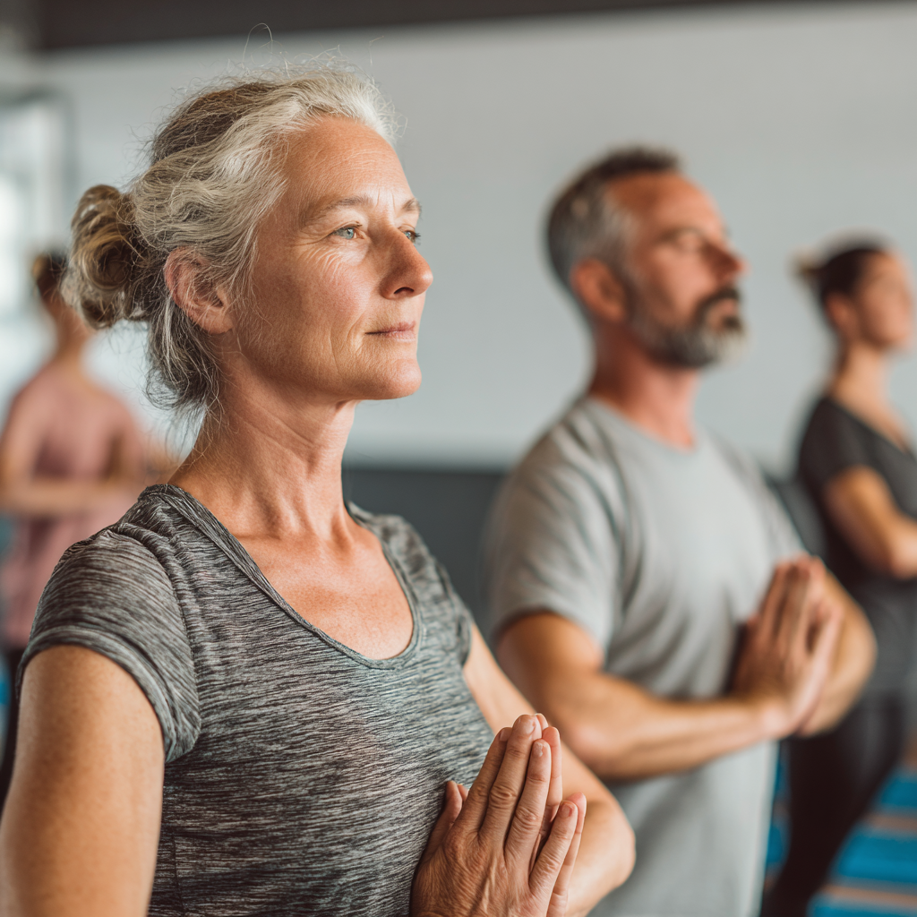 Middle-aged adults engaging in mindful movement training in a calm fitness environment
