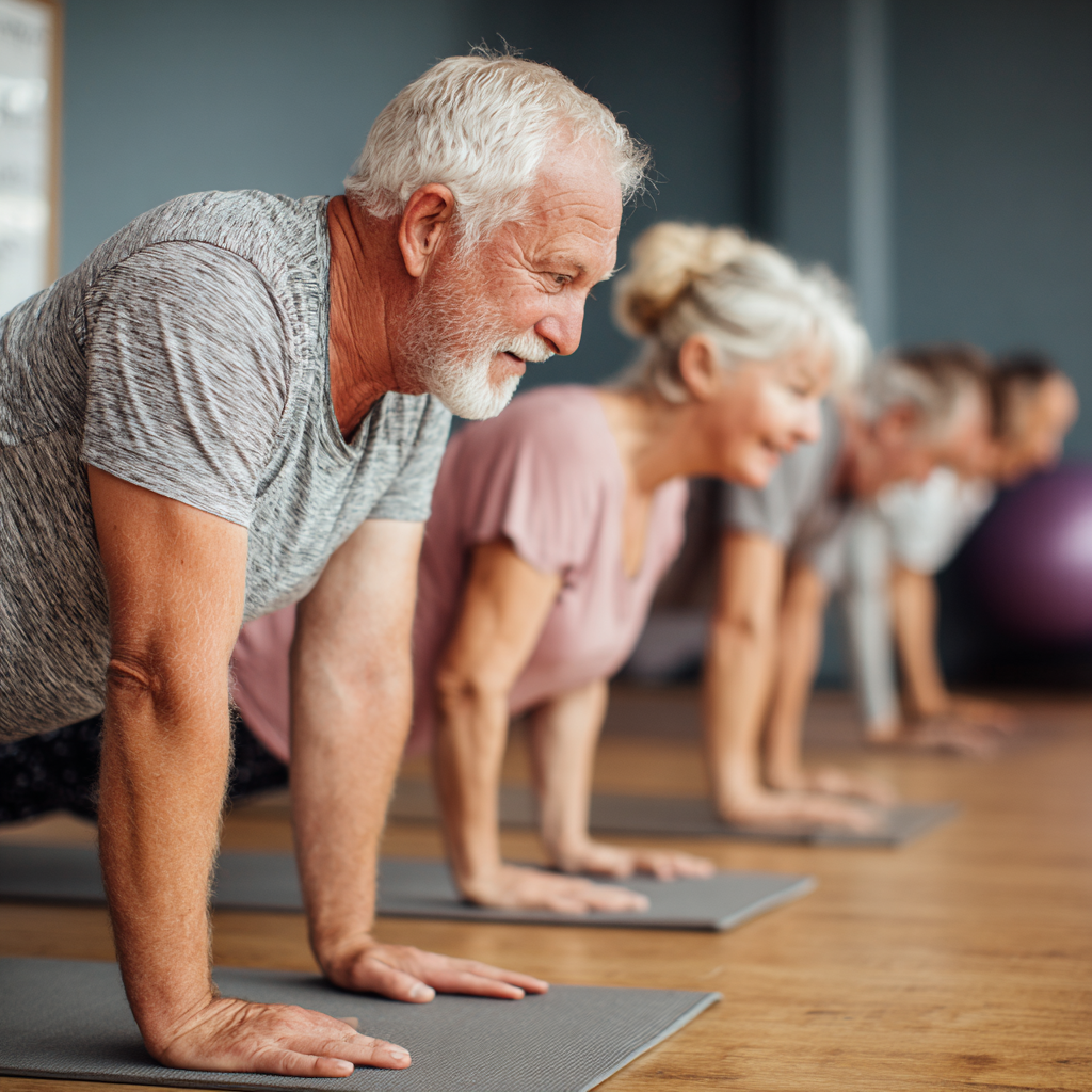 Older adults in focused training session, practicing stability exercises in a serene fitness space